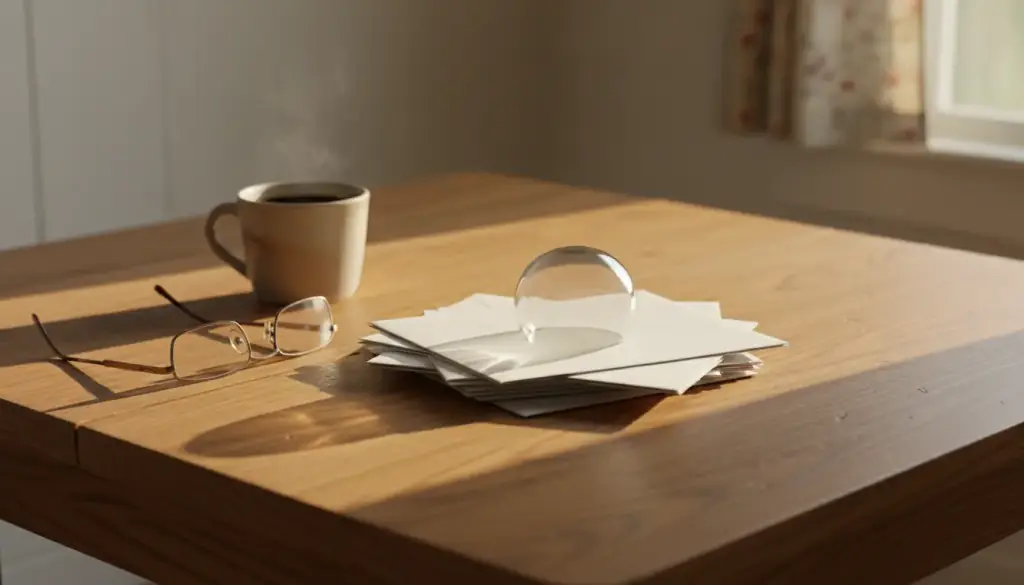 Opened envelopes squared together on an oak kitchen table, reading glasses and coffee beside them