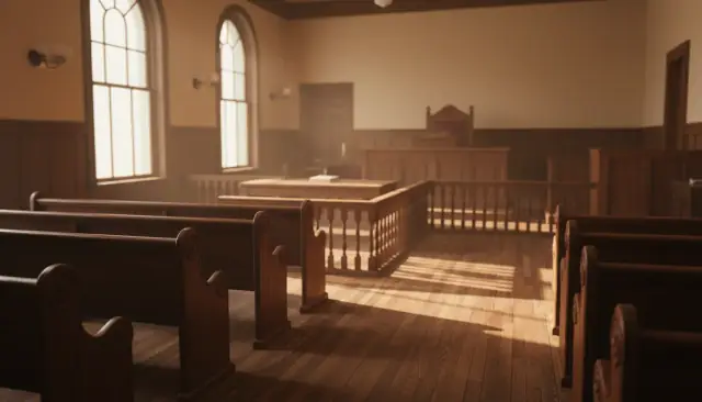 Empty oak benches and the bar rail of a small courtroom in afternoon light