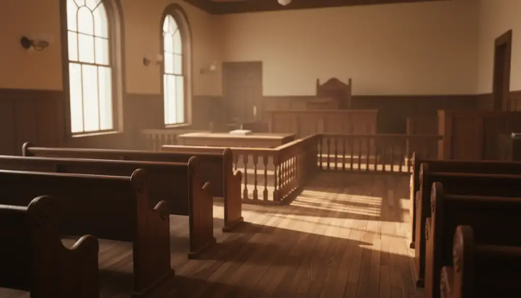 Oak benches and the turned wooden bar rail of an empty small-town courtroom