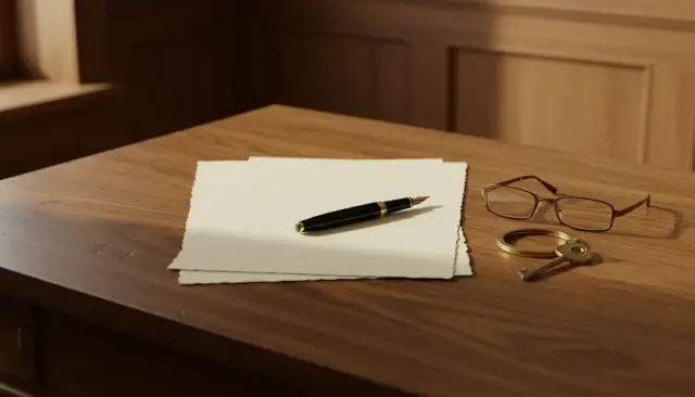 A fountain pen on blank cotton paper beside a brass house key and reading glasses