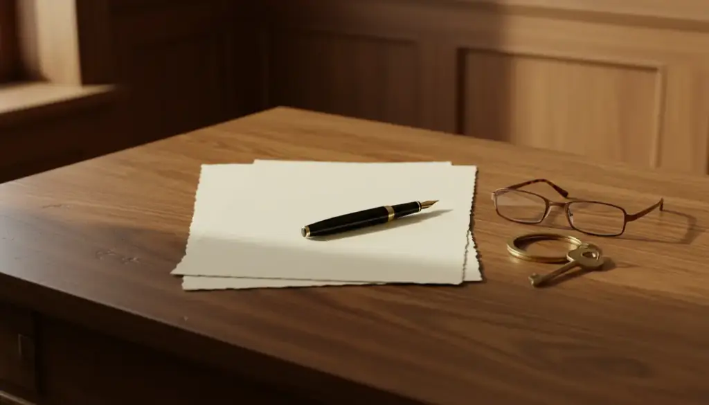 A black fountain pen resting on cream cotton paper on an oak desk, a brass key beside it
