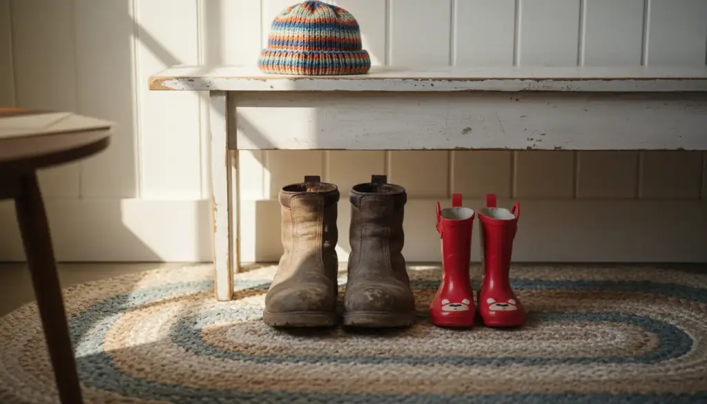 Adult work boots and a child's red rain boots side by side under a farmhouse bench