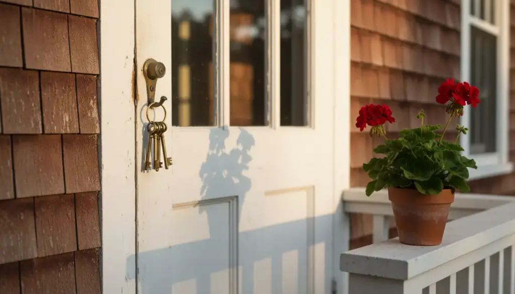 A ring of brass keys hanging beside the white door of a shingled rental house